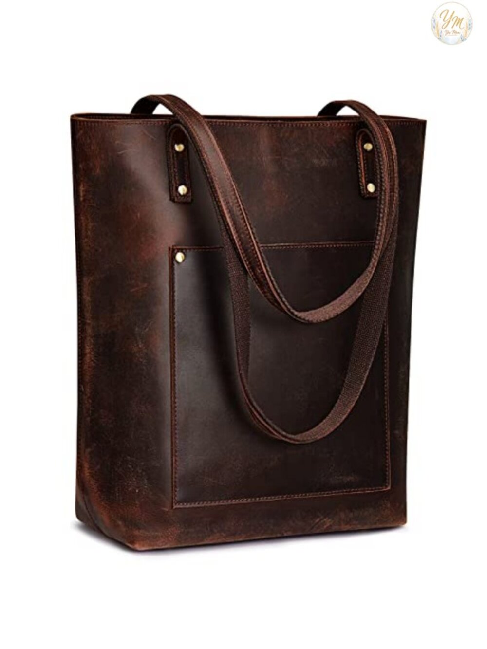 Vintage Distressed Leather Tote Bag with Padded Laptop Compartment for Work